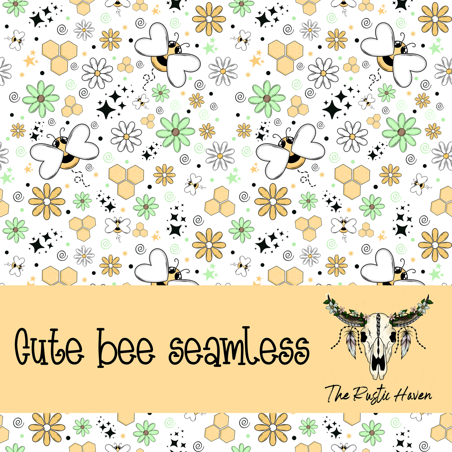 Whimsical Bee & Daisy Seamless Pattern | Honeycomb Floral Digital PNG