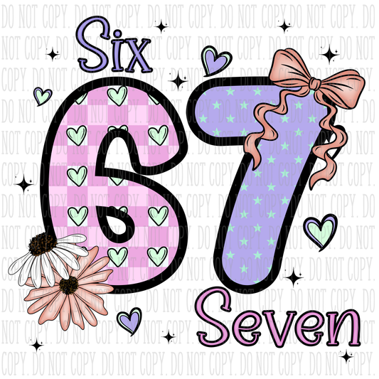Six Seven PNG | Floral 67 Cute Number Design | Girly Retro Bow PNG| Digital Download