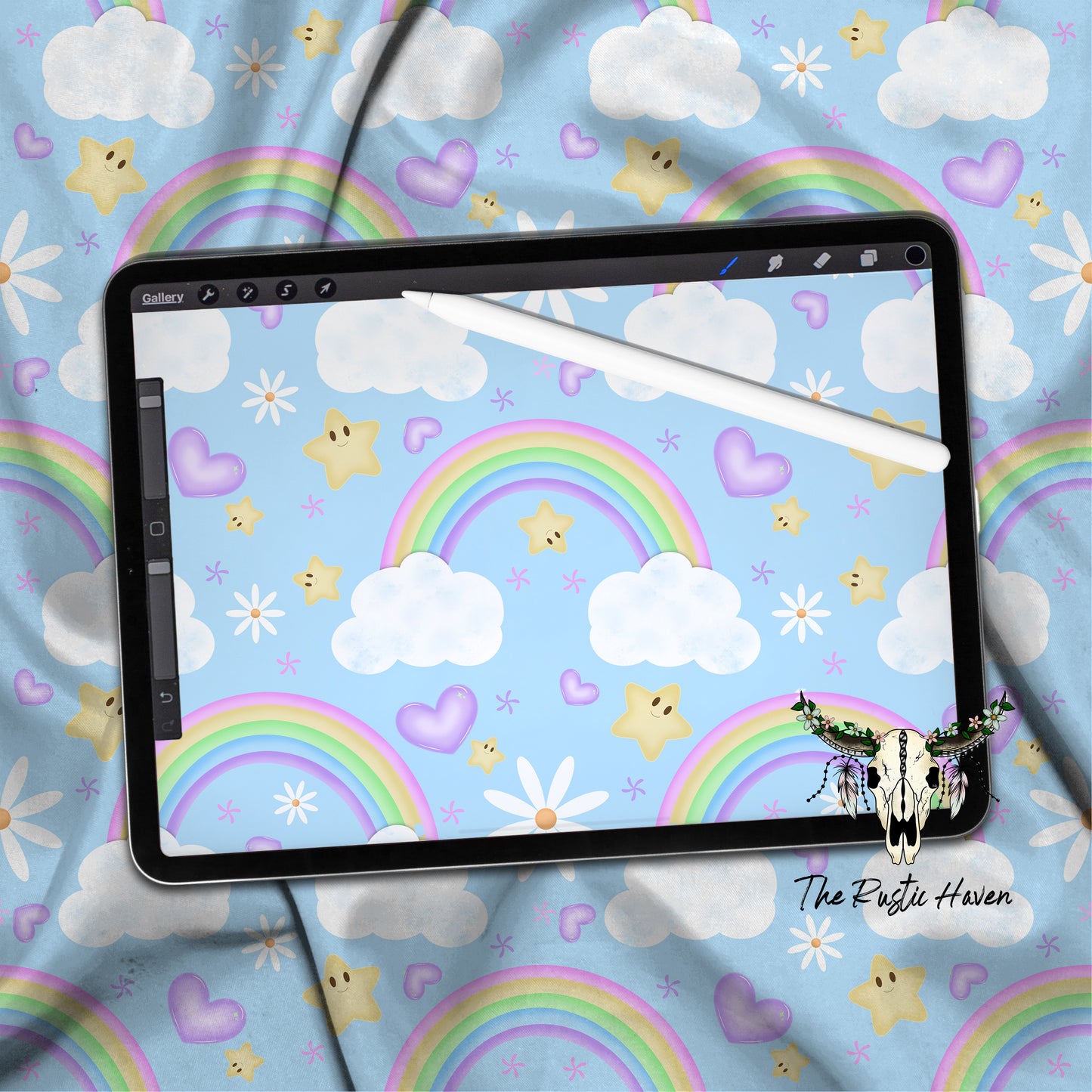 Pastel Rainbow Clouds & Stars Seamless Pattern PNG | Cute Kawaii Sky Digital Paper | Sublimation & Fabric Print Design