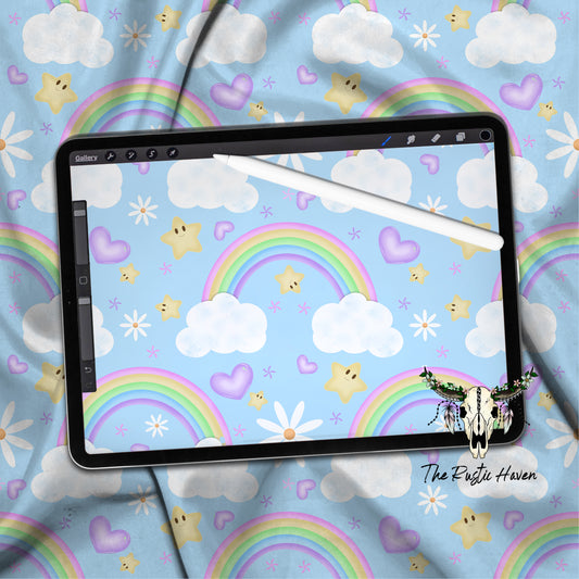 Pastel Rainbow Clouds & Stars Seamless Pattern PNG | Cute Kawaii Sky Digital Paper | Sublimation & Fabric Print Design